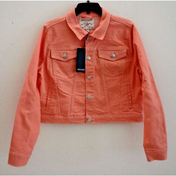 True Religion 208176 Women's Sz XL Coral Jesse Denim Cropped Trucker Jacket - Picture 1 of 14